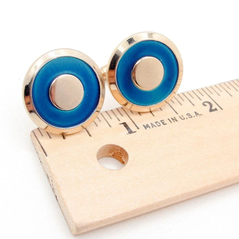 Vintage Swank Blue Enamel Cufflinks Gold Tone Round Circle MCM Formal Wedding